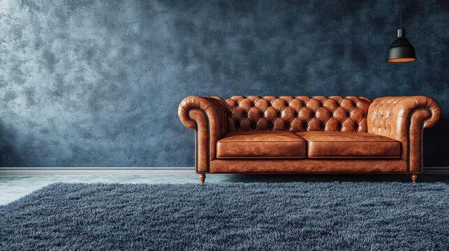 modern lounge with a chic leather sofa and soft grey carpet, perfect for interior design banner with space for text
