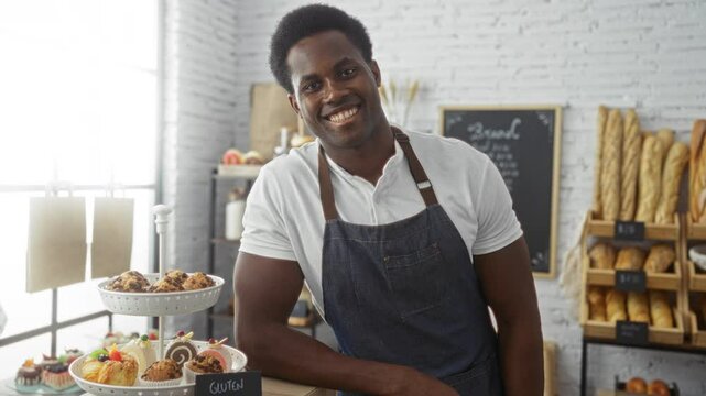 Young man in a bakery wearing a white shirt and apron smiling at the camera with baked goods displayed in the background