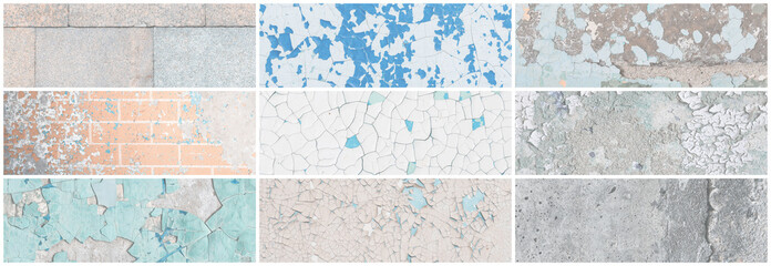 Set of panoramic background textures. Collection of wide textures with peeling paint, cracks, rust,...