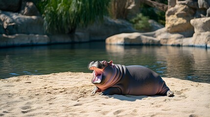 Cute Baby Hippopotamus Yawning on Sandy Beach by the Water.