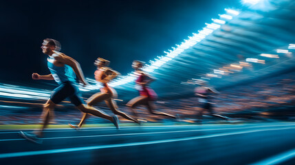 Obraz premium A night scene of electric sprinters charging under bright stadium lights with a sports event happening in the background.