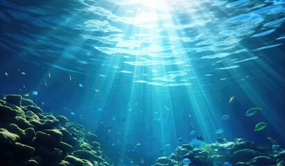 Naklejka premium Blue sea water crossed by sun rays, deep blue marine background
