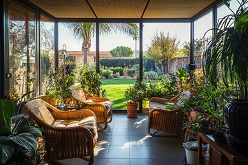 Fototapeta premium Wicker furniture and lush plants in a sunroom with garden views through large windows.