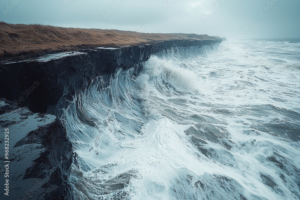 Canvas Prints a weathered shoreline with significant erosion due to a recent hurricane. concept of coastal erosion