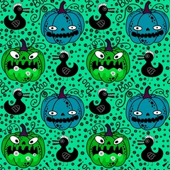 Obraz premium Halloween cute pumpkins seamless monsters pattern for wrapping paper and fabric