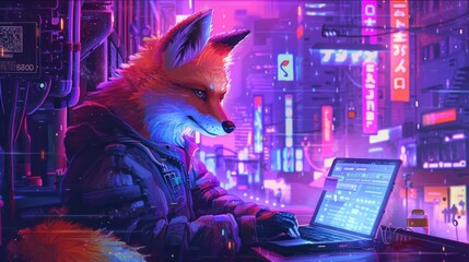 Cyberpunk Fox Working on Laptop in Neon City