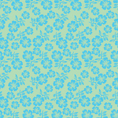 Seamless floral pattern with pink and blue flowers on a white background, hand painted in watercolor.