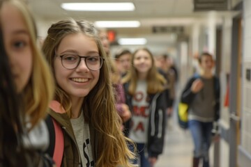 Obraz premium Happy schoolgirl with glasses looking at camera and smiling