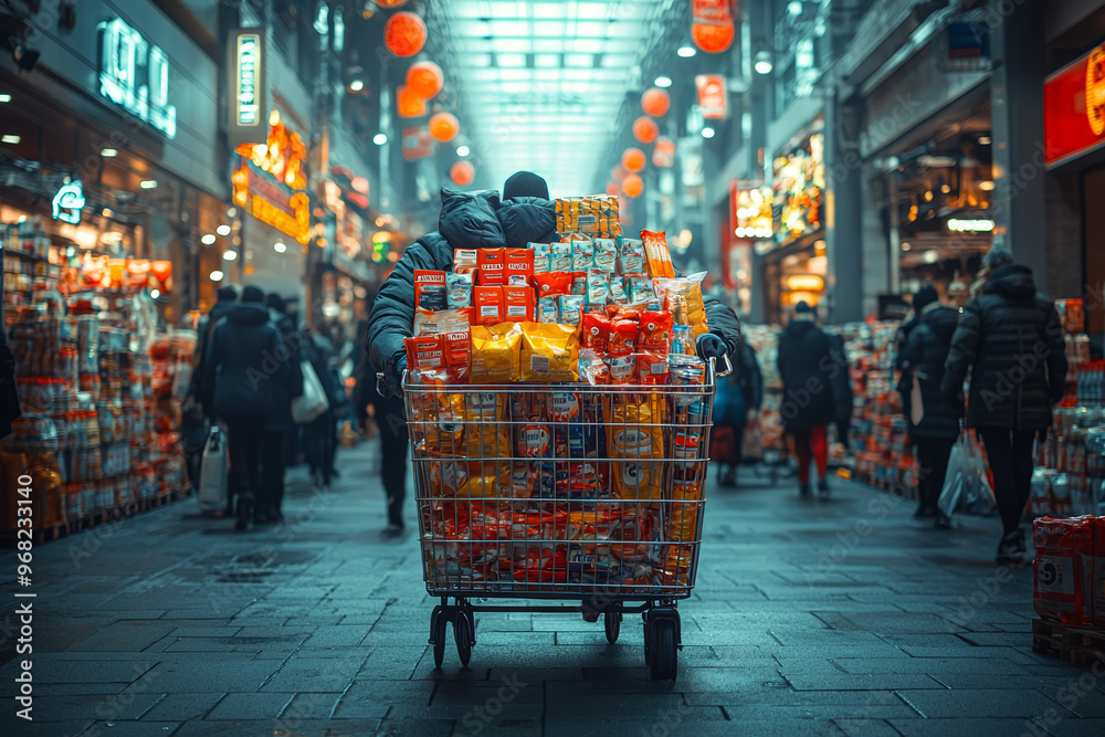 Canvas Prints a shopper pushing a cart overflowing with discounted items through a crowded retail space. concept o