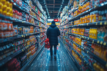 A shopper taking advantage of Black Friday discounts while navigating through a store's maze of aisles. Concept of navigating sales and store layout.