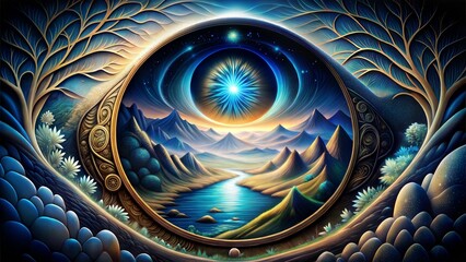 Surreal eye-shaped landscape with mountains, river, and cosmic elements for imaginative and artistic visuals