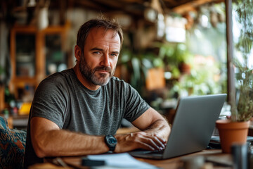 A middle-aged man with a beard works intently on his laptop in a cozy, nature-inspired home office. 