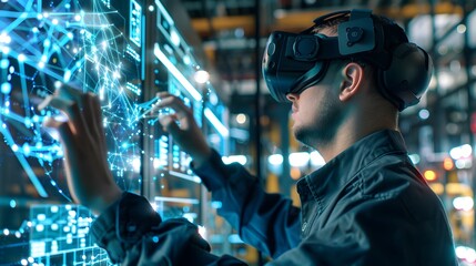 A person engaging with virtual reality technology, manipulating a digital interface in a modern workspace.