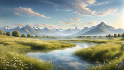 Obraz premium A beautiful landscape with a river running through it