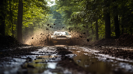 A rally car speeding through a muddy forest track with dirt and debris flying in its wake.