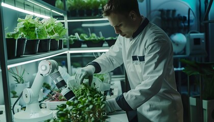 A researcher in a lab coat collaborates with a robotic arm to tend to plants in a high-tech agricultural facility.