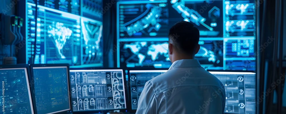 Poster a scientist monitors multiple screens displaying data and graphs, immersed in high-tech research and