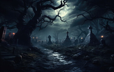 Obraz premium Scary cemetery with graves and full moon for Halloween. Spooky halloween background, Halloween illustration for poster and banner design