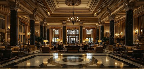 Obraz premium Classic architectural features dominate the grand lobby of an historic hotel.