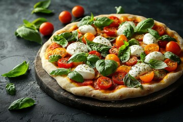Close-up of a pizza topped with mozzarella cheese, cherry tomatoes, and basil