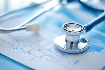 Close up of stethoscope on medical chart, healthcare and medicine concept