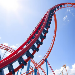 Thrilling roller coaster curves under a clear blue sky at an amusement park