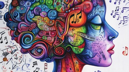 Obraz premium Half-brain psychedelic art with left side showing numbers and letters, while right side is filled with music notes and creative art, on a white background