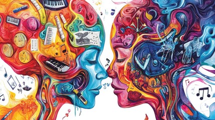 Obraz premium Vibrant split-brain illustration with numbers on the left, music and art on the right, creating a colorful, psychedelic concept on white