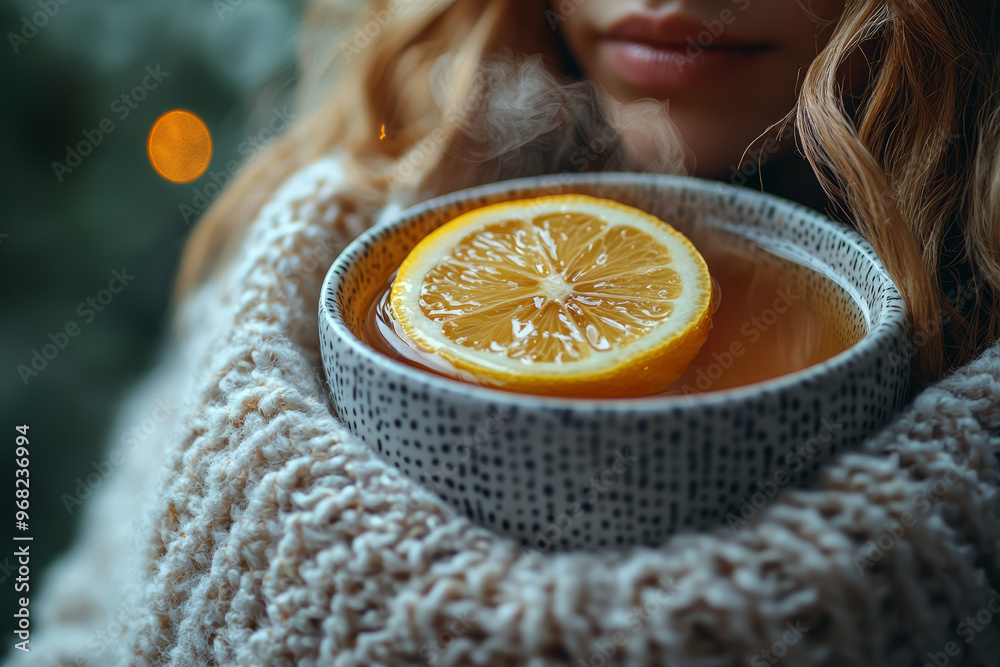 Wall mural a person wrapped in a blanket, sipping hot tea with lemon, battling a seasonal cold. concept of self