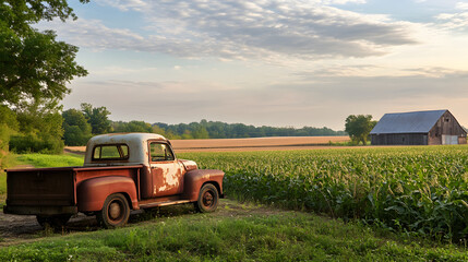 Fototapeta premium A vintage truck parked at a rural farm with a barn and fields of crops in the background.