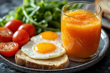 Fototapeta premium Fried Eggs on Toast with Orange Juice and Cherry Tomatoes