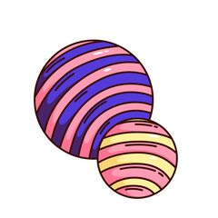 Groovy alien cartoon planets with psychedelic pattern. Funny retro balls with purple, pink and yellow stripes. Space and galaxy mascot, cartoon two planets sticker of 70s 80s style vector illustration