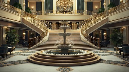 Obraz premium Lavish setting in a luxury hotel lobby with staircases and a fountain.