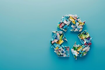 Recycling sign crafted from assorted trash arranged on a blue background promoting environmental awareness and sustainability initiatives