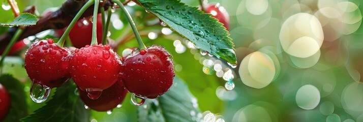 Soft focus image of red cherries adorned with dew and raindrops on a branch surrounded by blurred green leaves.