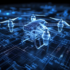 Drone 3D render graphic Futuristic Robot Technology Machine Automation Industry Digital Wireframe Aesthetic Computer virtual cyberspace backdrop