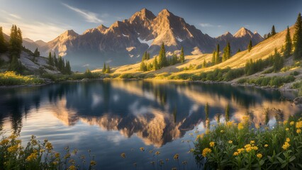 Fototapeta premium A beautiful mountain lake with a reflection of the mountains in the water