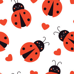 Cute seamless pattern with ladybugs and hearts. Childish vector illustration on white background. It can be used for wallpapers, wrapping, cards, patterns for clothes and other.