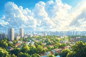 Sunny day cityscape with puffy clouds, green trees and buildings