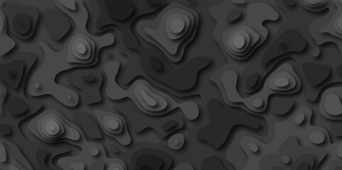 3D Stylized Gray Topographic Contour Scheme and Terrain. Geographic mountain terrain. Contour map background. 3D Cartographic Weave with seamless striped patterns and wavy Shapes.
