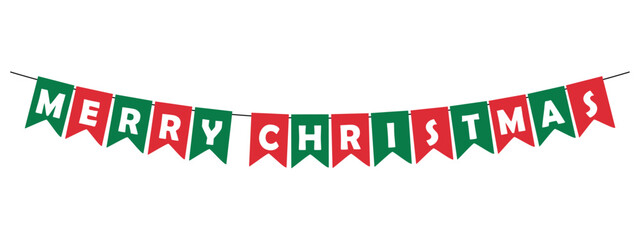 merry christmas bunting garland, red and green pennants with white letters, party lettering banner, vector decorative element