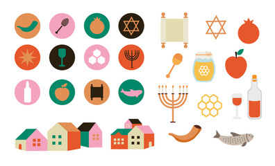 Set of elements for High Holiday. Jewish New Year symbols and icons.