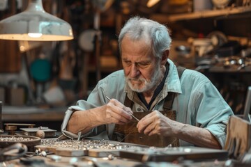 Senior jeweler meticulously crafting handmade jewelry in a well-equipped workshop filled with tools and materials