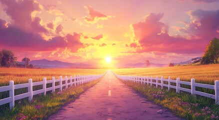 Fototapeta premium Country Road Leading to Beautiful Sunset, Hope and New Beginnings