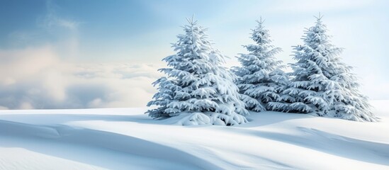 Fototapeta premium Fluffy spruce trees blanketed in snow stand tall in a white field under a clear blue sky winter landscape snowdrifts banner