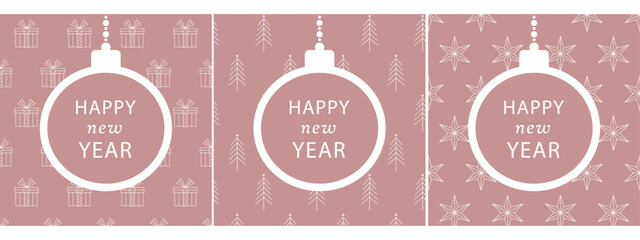 Fototapeta premium happy new year greeting card set, elegant minimalistic design, pink and white, hanging christmas bauble
