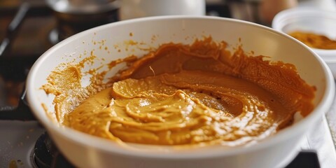 Cooking process of making pumpkin pancakes batter on a white skillet