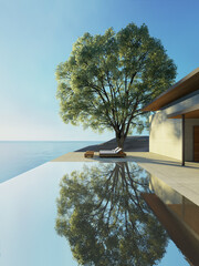 Modern Lounge chair on terrace - ocean sea view - 3D rendering