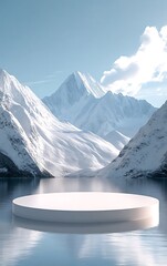 White podium mockup in snow mountain landscape. Minimalist product display for branding and marketing.