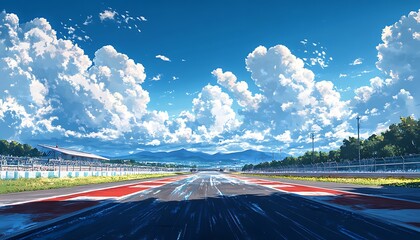 Race Track Under Blue Sky with White Clouds and Green Mountains